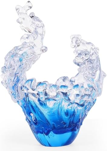 suruim Hand Blown Glass Wave Sculpture Figurines Blue and Clear Art Glass Bowl for Home Decor, Sea Glass Figurine, Nautical Sea Glass Decorations, Multipurpose Storage for Keys, Jewelry, Candy by Suruim