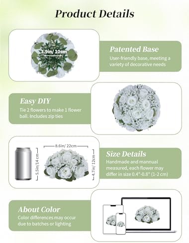 BLOSMON White Flower Balls for Centerpieces: 2 Pcs, Rose and Babys Breath - Image 6