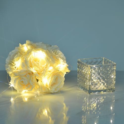 Silk Roses in Glass Vase with LED, Low Centerpiece for Table, Cream - Image 6