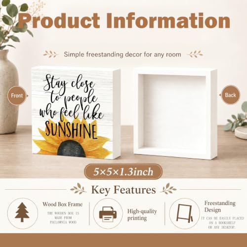 Farmhouse Sunshine Sunflower Wooden Box Sign Rustic Country Sunflower Box Sign Wood Sign Decor Summer Square Wood Sign Home Desk Tabletop Shelf Decor 5 x 5 - Image 3