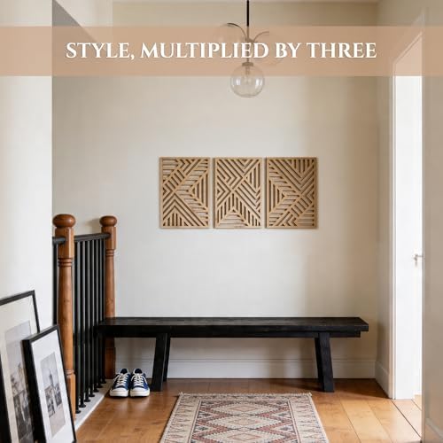 qmmp Modern Wooden Wall Sculptures - Set of 3 - Home Decor Accent - Large Wall Art for Living Room, Bedroom, Office - Easy Installation (Oak, Medium - Direction) - Image 3