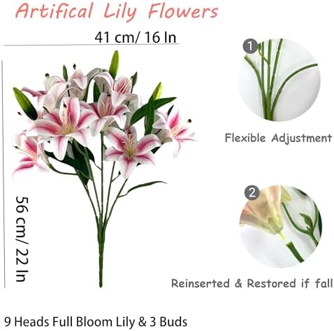 12 Artificial Lily Flowers with 9 Heads Full Bloom Lily & 3 Buds, Long Stem Artificial Stargazer Lilies, Faux Tiger Bouquets for Home Hotel Office Party Decor Table Centerpieces（Light Pink） - Image 5
