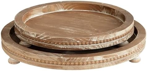 2 Piece Torched Wooden Serving Tray Set with Beaded Design, Farmhouse Centerpiece Table Decorations, Round Coffee Table Tray for Living Room Home Decor, Ottoman Tray Decor for Rustic Styles by MACVAD