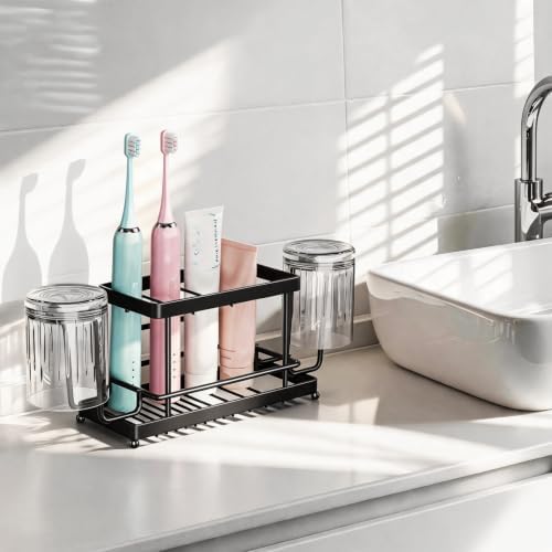 Toothbrush Holder, Wall Mount & Countertop, 2 Cup Hooks Black Metal - Image 3