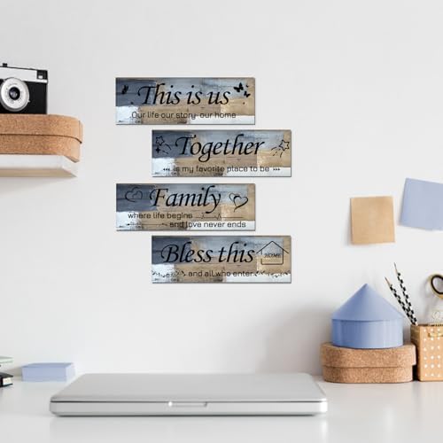 Lnond 4 Pieces Blue and Brown Abstract Living Room Wall Decor, Motivational Home Family Rustic Wall Art Decor for Bedroom Living Room, Rustic Wooden Farmhouse Home Decor, 12 x 4 Inch - Image 5