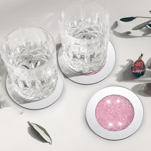 Jetec 6 Pcs Mirrored Glass Coasters with Holder, Bling, Pink, 4 Inch - Image 4