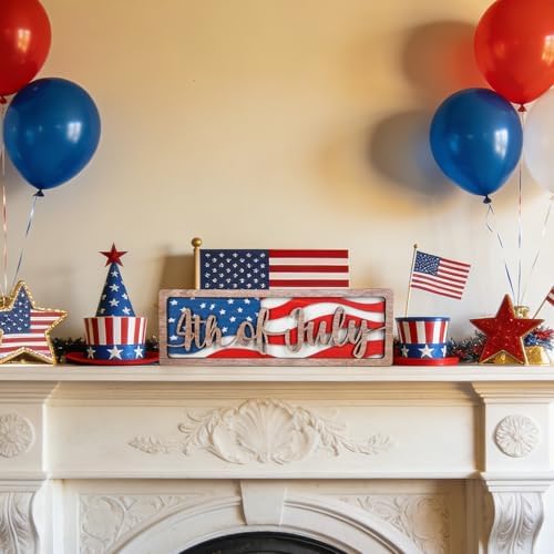 COCHIE Vintage 4th of July Decorations for Office, Home, Table, Mantel, Shelf, Desk, 4 x 11 Inch USA Flag Star Sign, Wooden Fourth of July Decor, Farmhouse Red Blue White Patriotic Centerpiece (Flag) - Image 4