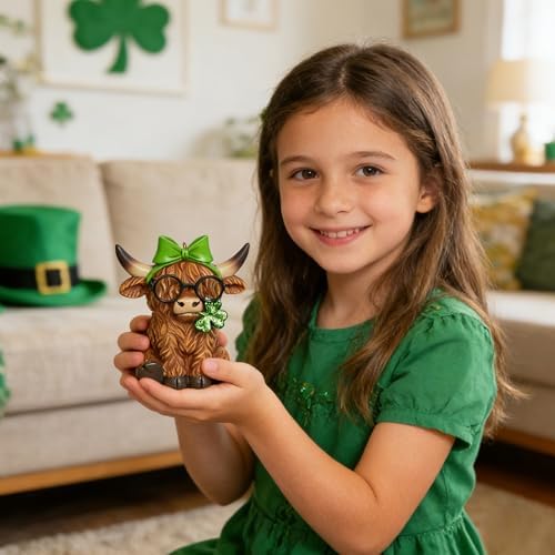 St Patricks Day Highland Cow Figurines Decor, Highland Cow Statue with Leprechaun's Gold Coins and Shamrock, St. Patrick's Day Gifts Resin Hanging Ornaments Statue for Party Home Table Decoration - Image 6
