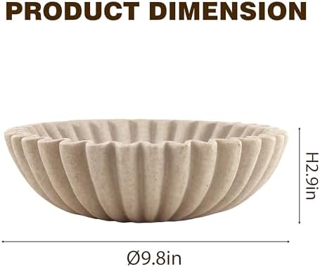 10'' Large Ruffle Decorative Fruit Bowl for Entryway Coffee Table Scalloped Purse Key Holder Kitchen Countertop Console Modern Organic Home Decor, Artificial Stone Beige - Image 2