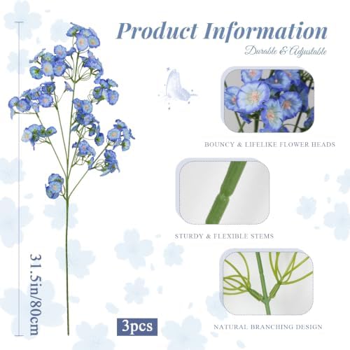 3 Pcs Artificial Wildflowers Dark Blue Long Stem Faux Silk Flowers for Vase - Image 2