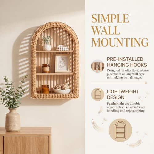 Rattan Wall Shelf - 3 Tier Boho Arched Wicker Hanging Shelves - Image 5