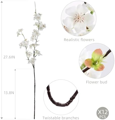 Artificial Cherry Blossom Branches 27.6In Silk Cherry Blossom Branches Long Stem Artificial Flowers for Tall Vase, for Home Decor, Spring Decor,Weddings Decor, Party&Festival Gifts 12PCS,White - Image 2