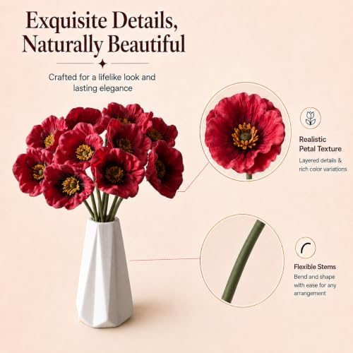 Mandy's 10 Stems Red PU Poppy Artificial Flowers - Image 4
