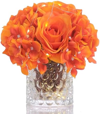 Rose Silk Flower Arrangement Artificial Vivid Rose in Glass Vase with LED Light Elegant Centerpiece for Home Wedding Bathroom Table Shelf Decoration (Orange) by GreenHouzz