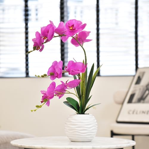 Artificial Large Real Touch Orchid Flowers with White Ceramic Vase, Fuchsia - Image 3