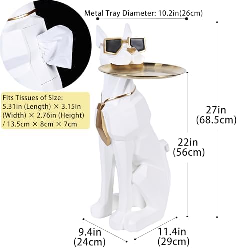 Geometric Dog Sculpture Animal Side Table with Tray and Tissue Box(White) - Image 3