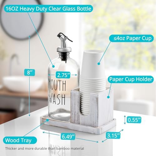 Glass Mouthwash Dispenser for Bathroom, 16 OZ Mouthwash Dispenser with Pour Spout and White Washed Wood Cup Holder and Tray, Mouth Wash Bottle Container, Rustic Kitchen Bathroom Decor and Accessories - Image 3
