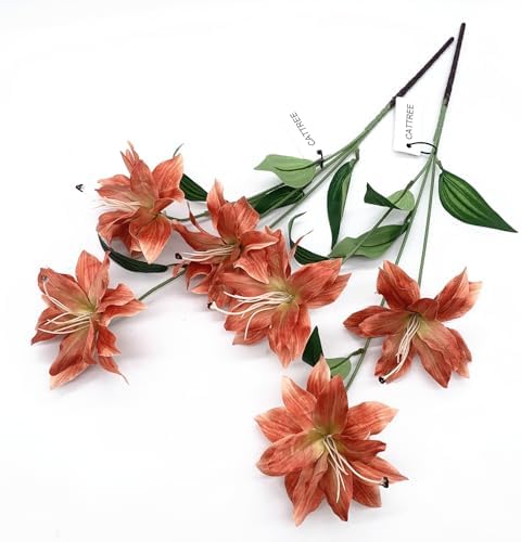 Artificial Lily Flowers, Vintage Fake Silk Flower Long Stems Stargazer Lilies Real Touch Faux Plants Stem Tiger Bouquets for Home Decor Indoor Outdoor Wedding Party Floral DIY Decorations Brown 4 Pack - Image 6