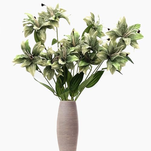 Artificial Lily Flowers, Vintage Fake Silk Flower Long Stems Stargazer Lilies Real Touch Faux Plants Tiger Bouquets for Home Decor Indoor Wedding Party Floral Arrangement DIY Decoration - Green 4 Pack - Image 2