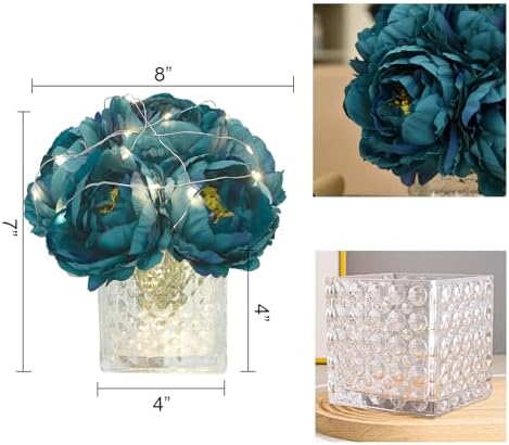 Artificial Peony Silk Flower Centerpieces with LED Light Faux Floral Arrangement in Glass Vase for Home Wedding Table Decoration (Peacock Blue) - Image 2