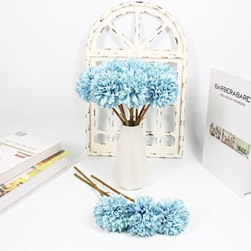 Tinsow 12PCS Artificial Ball Chrysanthemum Faux Flowers Bouquet Light Blue - Image 5