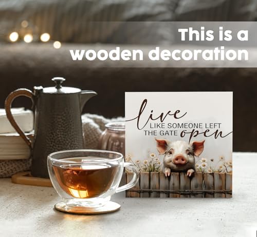 Pig Signs - Farm Cottagecore Animal Office Kitchen Bedroom Decor,Rustic Farmhouse Live like Someone Left the Gate Open Home Decor Wooden Signs,Pig Gifts for Women,6x6 - Image 2