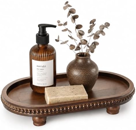 Oval Decorative Wooden Tray with Beaded Edge for Bathroom Counter, Brown by EOSAHR