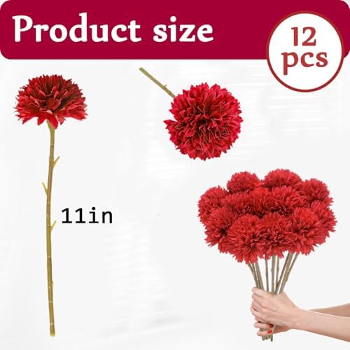 Tinsow 12PCS Artificial Ball Chrysanthemum Red Faux Flowers Bouquet - Image 2