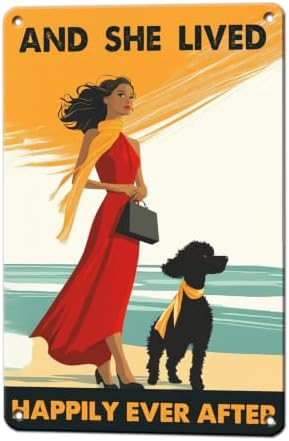 and She Lived Happily Ever After Metal Sign Poodle and Girl Wall Decor Poster for Home Bar Club Coffee Beach House 8x12 Inch by KIYOYOHomeIsOurHappyPlace