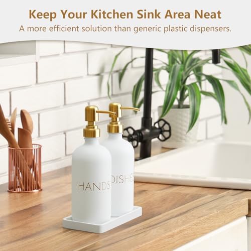 Glass Dish and Hand Soap Dispenser Set - Kitchen Soap Dispenser with Tray and Stainless Steel Pump - for Modern Gold Kitchen Decor and Accessories - Image 4