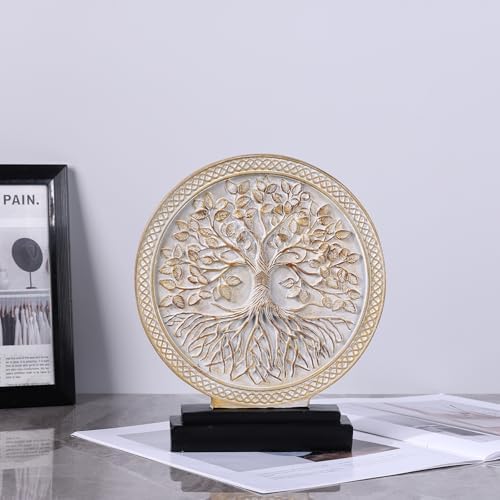 Tree of Life Sculpture, Round Decorative Resin Statue with Tree Relief Design, Modern Tabletop Home Decor Accent for Living Room Shelf, Mantel, Console Table and Office - Image 5