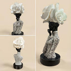 Lescafita African Woman Sculpture with White Rose Headdress, Black and White Resin Statues, Modern Abstract African Art Statue for Home Decor Shelf Table Office Display - Image 4