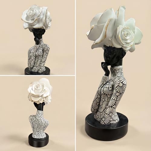 Lescafita African Woman Sculpture with White Rose Headdress, Black and White Resin Statues, Modern Abstract African Art Statue for Home Decor Shelf Table Office Display - Image 4