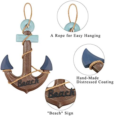 2 Pack 13" Nautical Beach Wooden Ship Wheel and 13" Wooden Anchor with Rope Nautical Boat Steering Wheel Rudder Anchor Wall Art Decor Door Hanging Ornament Beach Theme Home Decoration(Retro Brown) - Image 5