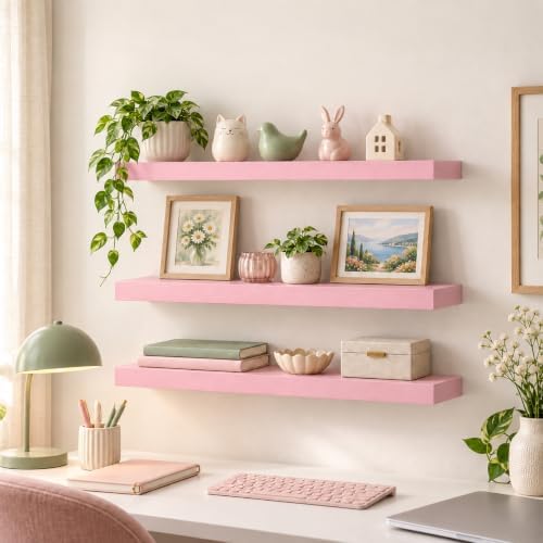 BAYKA Pink Floating Shelves 22.5in, Set of 3, Wall Mounted for Wall Decor by Bayka