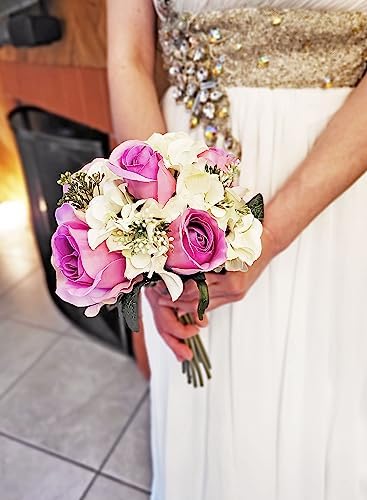 Admired By Nature Artificial Rose Hydrangea Flowers Bouquet, 9 Stems Faux Wedding Bouquet for Bride Bridesmaid, Centerpieces Floral Arrangement Home Decoration GPB8359-LAV/CM, Lavender/Cream by AdmiredbyNature