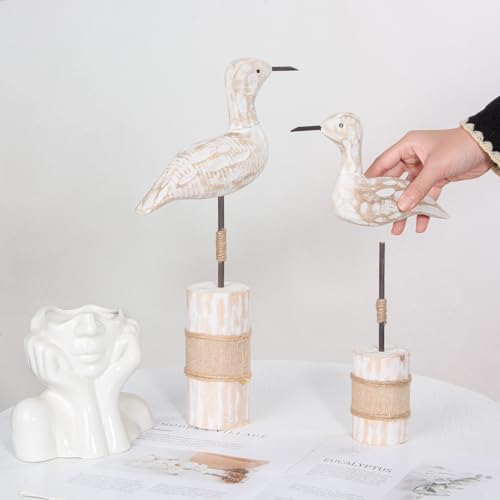 Wooden Sea Birds Statues Coastal Decor, White Seagull Statues for Nautical Coastal Beach Ocean Home Decoration - Image 4