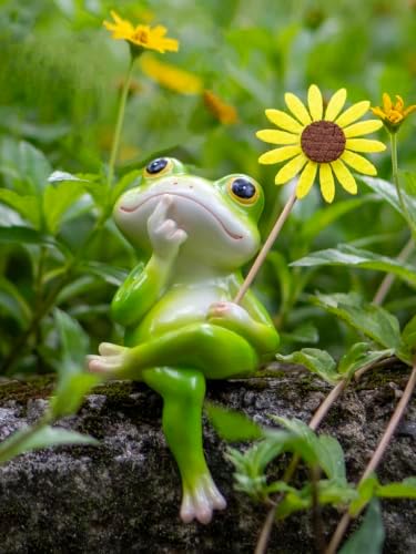 Frog Figurine, Funny Frog Statue with Removable Flower, DIY Customizable Office Home Decor for Living Room Shelf Desk Accessories, Outdoor Yard Garden Decorations, Birthday Gifts for Women by Fuzrea