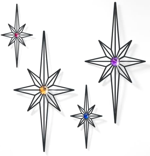 sxnzequnze 4 Pcs Star Wall Art for Home Decor Living Room Bedroom Office Metal 3D,Bling,with Hanging Hook Starburst Midcentury Sculpture Retro Gallery Accent Celestial -Black 16.5in/9.4in by sxnzequnze