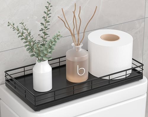 Toilet Paper Basket Organizer, Oak Wood Toilet Tank Tray with Metal Frame by Focusonit