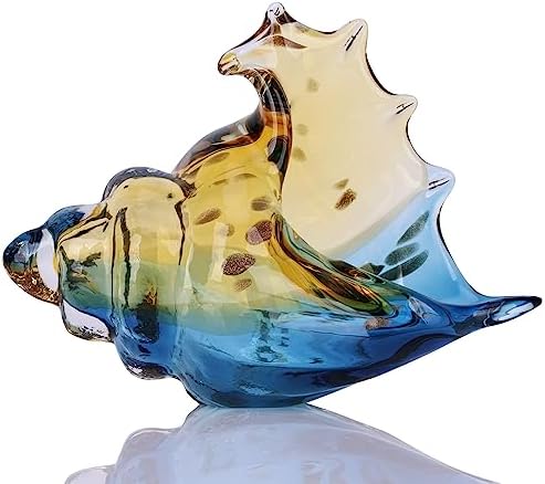 Hand Blown Glass Conch Statues, Blue and Amber Glass Art Figurines, Conch Shells for Coastal Home Decor, Living Room TV Stand and Bookcase Decor, Bathroom Shelf Tops and Cabinet Decor. by DOVDOVHomeDecoration