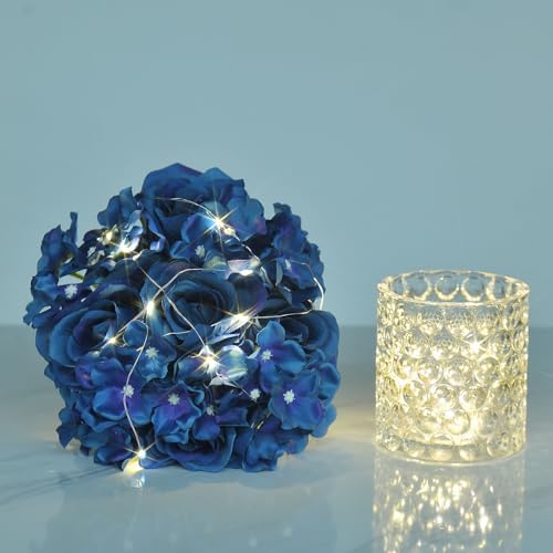 Rose Silk Flower Arrangement Artificial Vivid Rose in Glass Vase with LED Light Elegant Centerpiece for Home Wedding Bathroom Table Shelf Decoration (Navy Blue) - Image 6