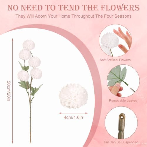 12 Pcs Artificial Mums with Long Stems 20 Inch White Faux Flowers for Vase - Image 5