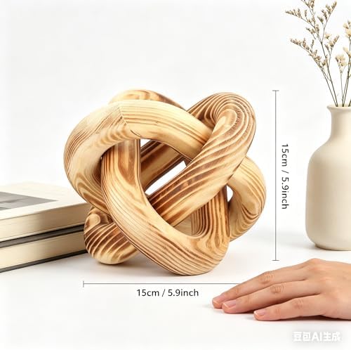 Wood Knot Chain Link Decor - 3 Link Boho Wooden Hand Carved Decorative Wooden Links Knots for Coffee Table Entryway Modern Farmhouse Shelf Decoration (Burn Color) - Image 2