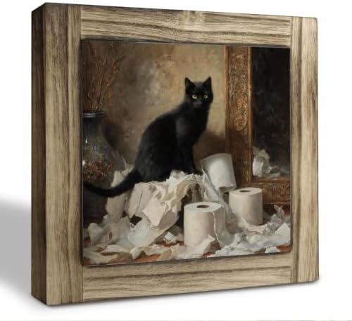 Funny Black Cat Wood Plaque Sign, Halloween Bathroom Shelf Decor 36 by XJCUG