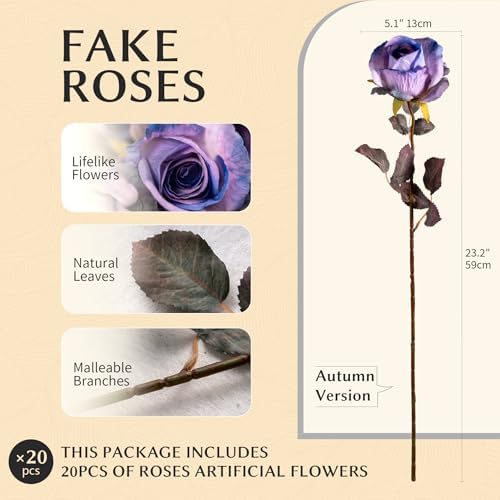 Artificial Roses Fake Roses 20PCS Long Stem Artificial Flowers for Tall Vase Silk Rose Suitable for Indoor Halloween Gothic Decor Wedding Party Decoration DIY Bouquet Autumn,Purple, 23.2In - Image 2