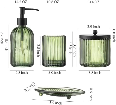 4PCs Heavy Weight Decent Glass Bathroom Accessories Set with Decorative Pressed Pattern - Includes Hand Soap Dispenser & Tumbler & Soap Dish & Toothbrush Holder (Green) - Image 6