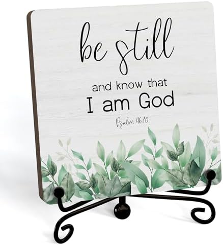 Inspirational Christian Desk Decor, Be Still And Know That I Am God Eucalyptus Sign, Desk Decorations For Office Home Living Room Bathroom, Eucalyptus Shelf Decor, Wooden Plaque With Stand (09) by JUSITAKEET