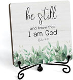 Inspirational Christian Desk Decor, Be Still And Know That I Am God Eucalyptus Sign, Desk Decorations For Office Home Living Room Bathroom, Eucalyptus Shelf Decor, Wooden Plaque With Stand (09) by JUSITAKEET