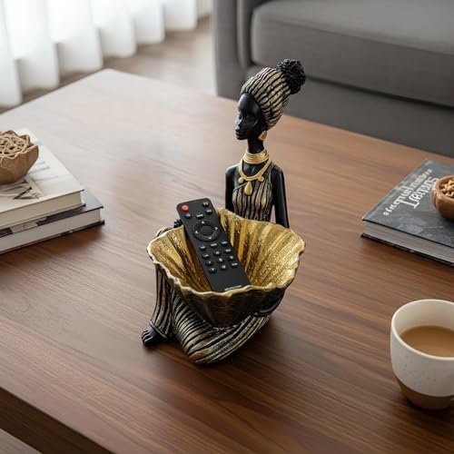 Lescafita African Lady Decorative Bowl Statue Black Gold Figurine - Image 2